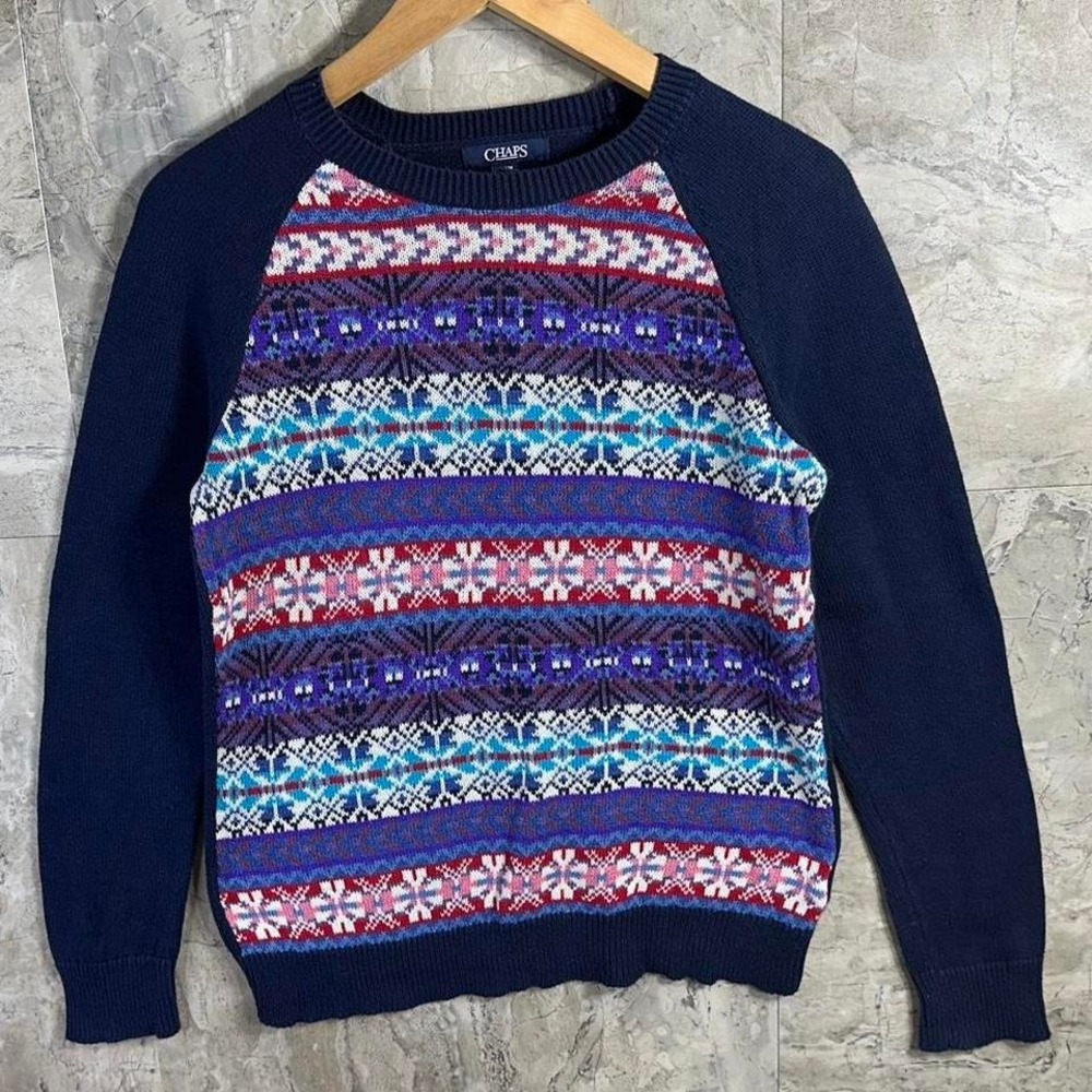 Chaps Fair Isle Snowflake Sweater Womens Medium Blue Pink Purple Aztec Geometric